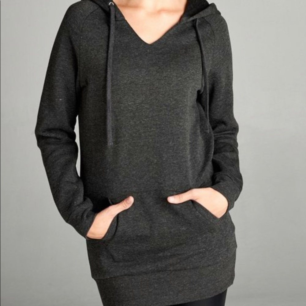 Pullover V Neck Hoodie Hip Covering Length
